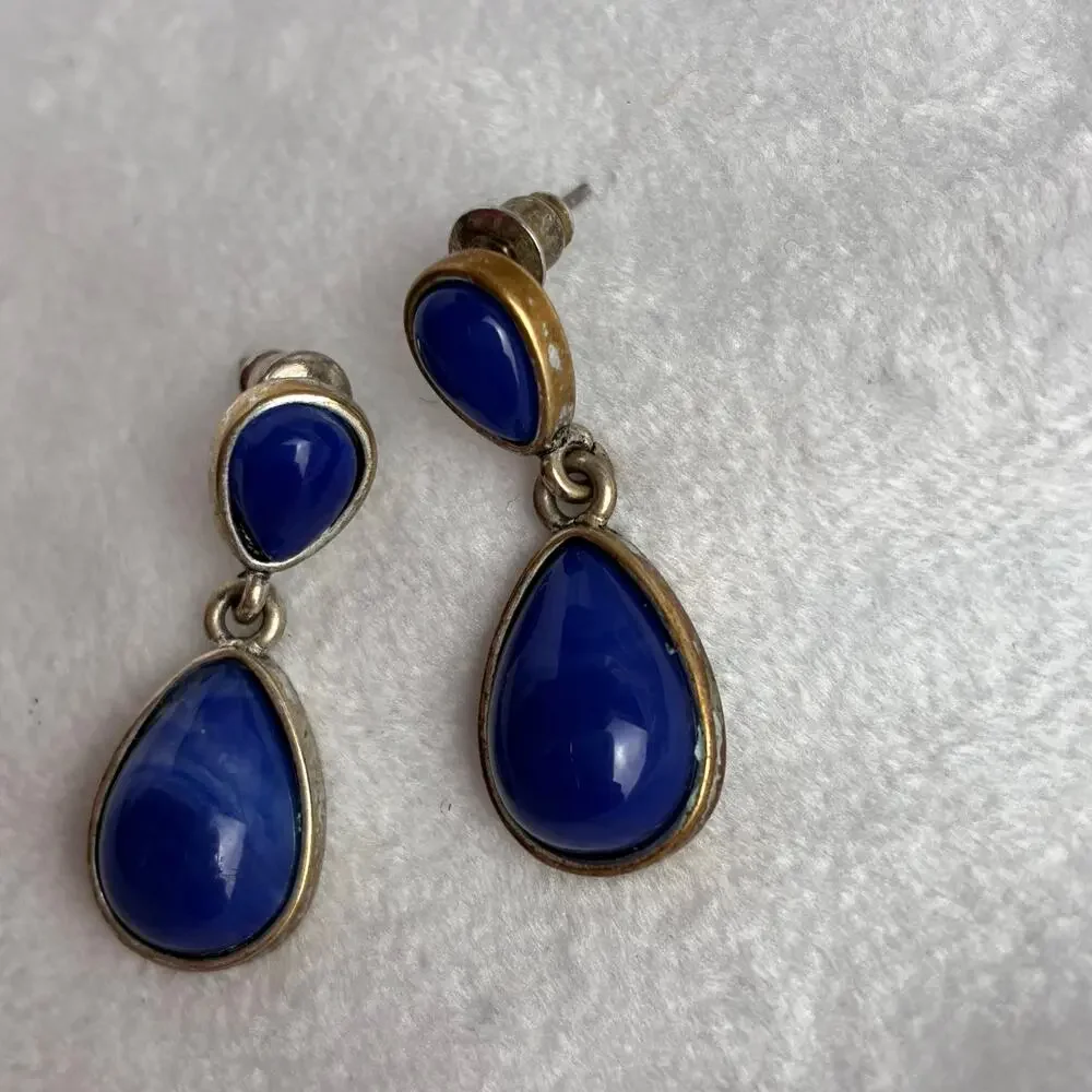 Blue Teardrop Pierced Earrings Cobalt Royal Event Cocktail Feminine Dangle Guest